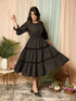 AAHELI RADIANT MEADOWS BLACK COTTON KANTHA TIERED DRESS AAHELI RADIANT MEADOWS BLACK COTTON KANTHA TIERED DRESS